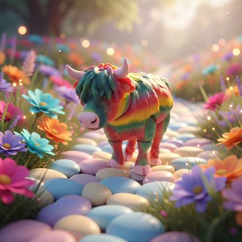 Rainbow Highland Cow 3D Print in whimsical meadow setting